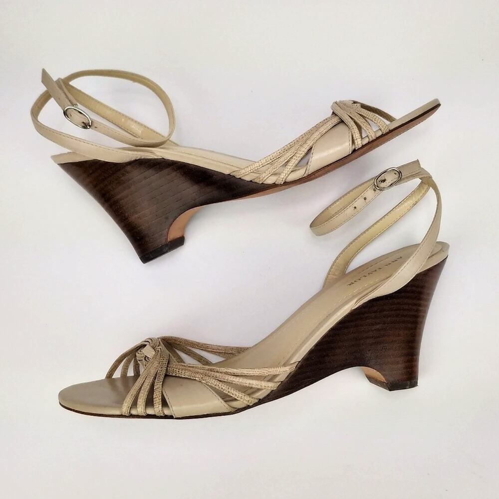 Ann Taylor Beige Leather Ankle Wrap Wedges